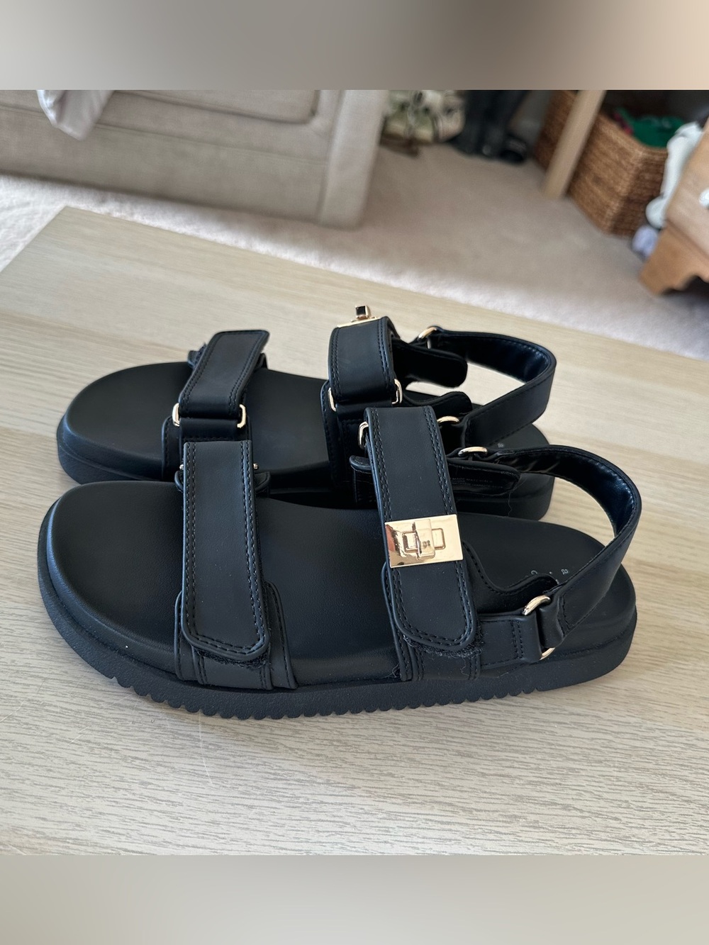 Woman’s Black Sandals, Double Strap Mini Platform, Gold Accents, Never Worn